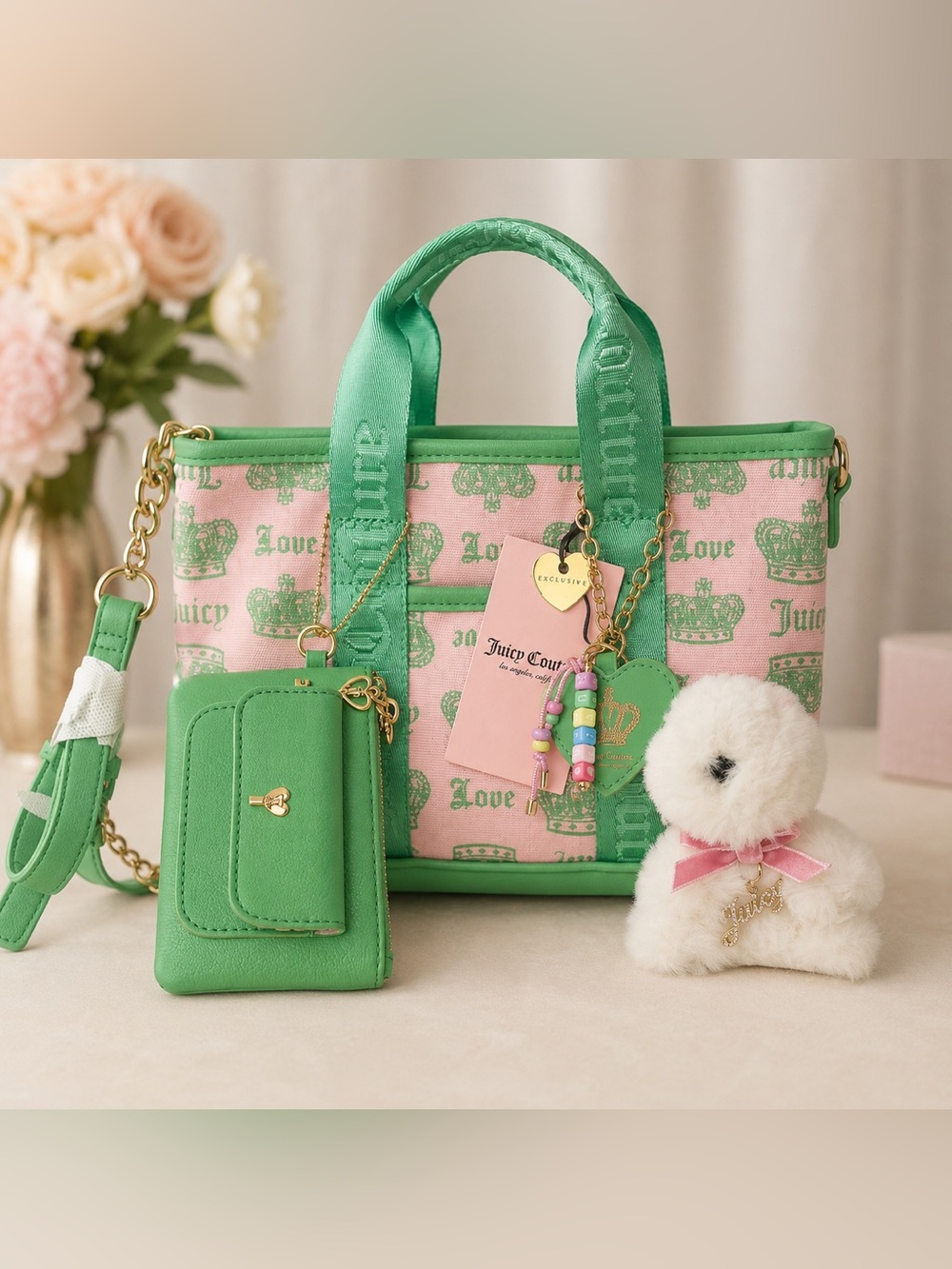 Exclusive Juicy Couture Mini Tote Bag with Bag Charms & Card Pouch - NWT